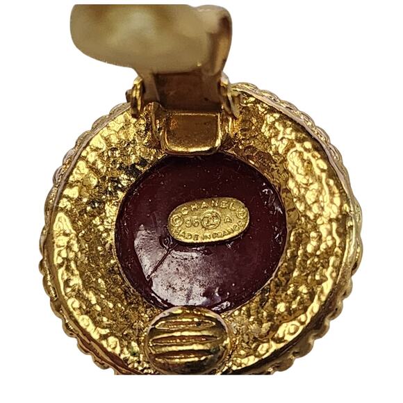 Chanel Red Cabochon Gold-Tone Clip-back Earrings, marked 96A - Picture 7 of 9